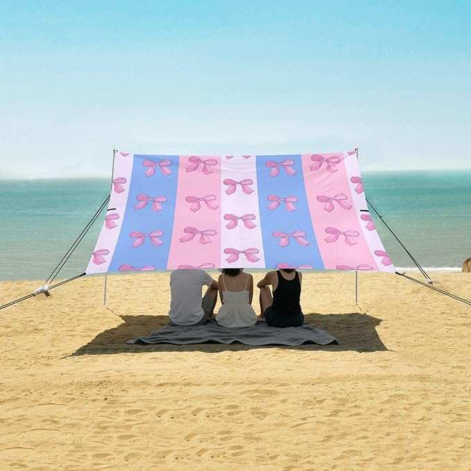 xigua Bow Tie Beach Tent Sun Shelter with Carrying Bag - Silver Coated Oxford Fabric Beach Canopy for Beach Camping Fishing - Includes Windproof Ropes Sandbags &amp Stakes