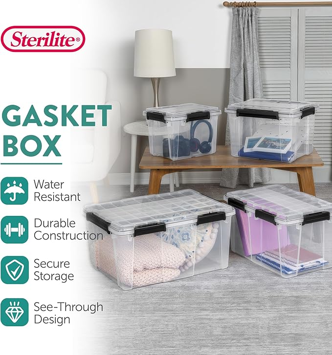 Sterilite 4 Pack 54 Qt Gasket Box Clear Stackable Plastic Storage Container with Lids Black - Waterproof Organizer and Dustproof Tote for Home Organization