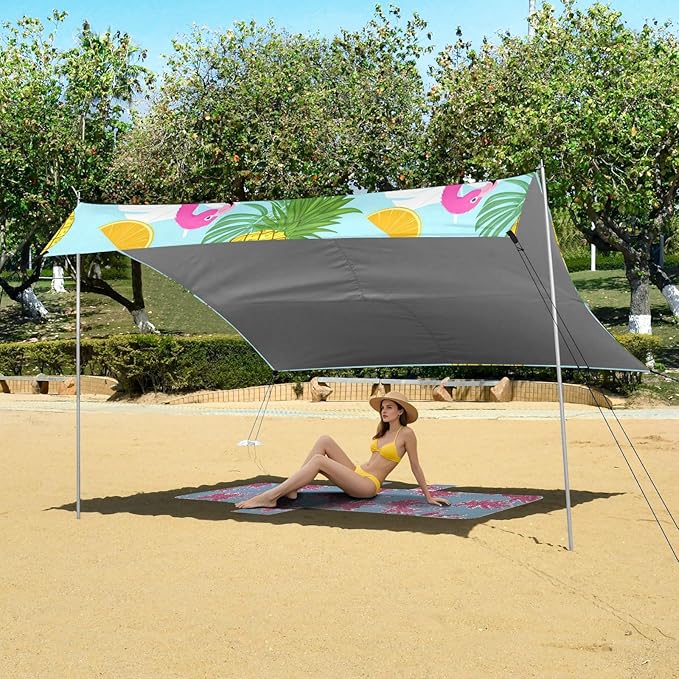 Beach Canopy with Windproof Ropes &amp Sandbags Beach Tent Sun Shade Sun Shelter for Camping Trips Fishing Backyard Fun or Picnics Flamingos