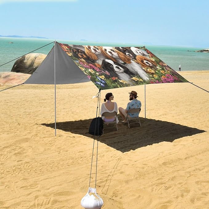 ALAZA Charles Cavalier Dog Puppy Beach Tent Sun Shelter UPF50+ Protection Beach Shade Canopy w/ 4 Sandbags for Outdoor Camping Fishing Backyard Fun Picnic 10x9 ft