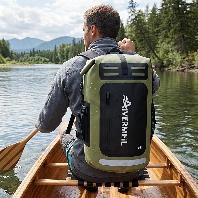 Dry Bag Waterproof Backpack 35L for Men &amp Women Roll-Top Hiking Backpack with IPX8 Waterproof Phone Case for Kayaking Boating Cushioned Padded Back Green