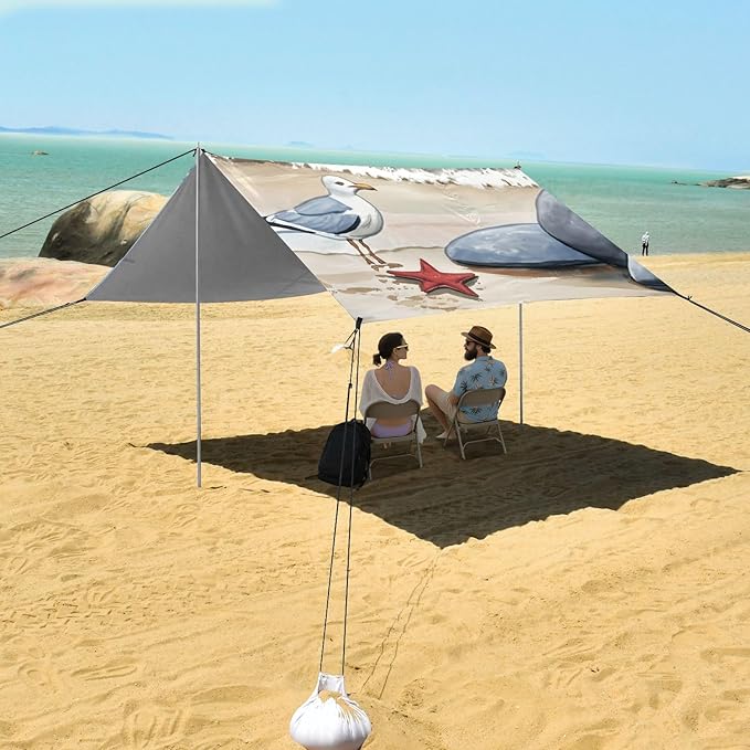 Beach Canopy with Windproof Ropes &amp Sandbags Beach Tent Sun Shade Sun Shelter for Camping Trips Fishing Backyard Fun or Picnics Seagull