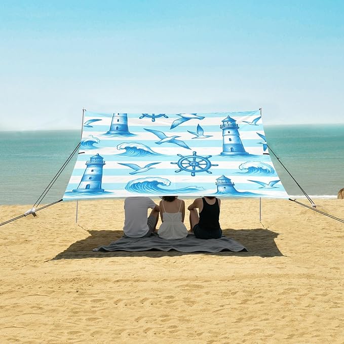 xigua Lighthouses Beach Tent Sun Shelter with Carrying Bag - Silver Coated Oxford Fabric Beach Canopy for Beach Camping Fishing - Includes Windproof Ropes Sandbags &amp Stakes