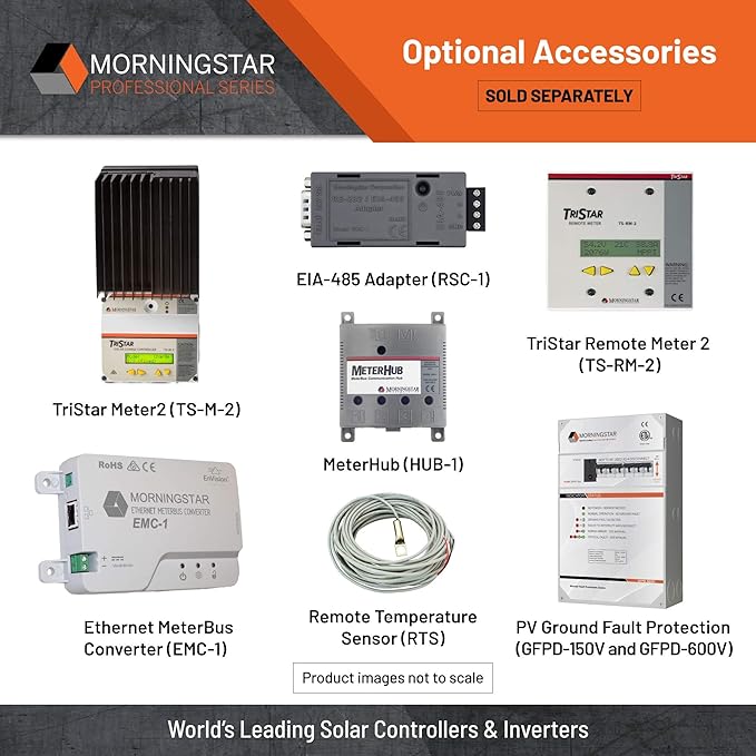 Morningstar TriStar 45A PWM Solar Charge Controller (TS-45) - Solar Panel Regulator for 12/24/36/48V LA/Li Batteries Load/Diversion Control Data/Comms FCC Comp. 5 Year WTY - Designed in The USA