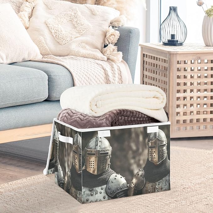 Storage Cube Medieval Knights Print with Lid Collapsible Large Capacity Foldable Storage Basket Bin Organizer 16.5×12.6×11.8 inches