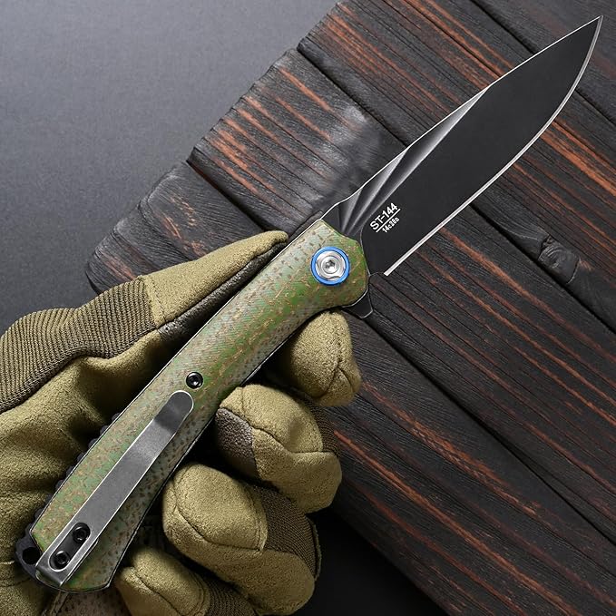 Sitivien ST144 Folding KnifeBlack Stonewashed 14C28N Steel BladeMicarta Handle Pocket Knife for Outdoor EDC CampingSurvivalHikingFishing(Green)