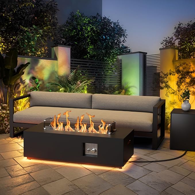 SUNPEAK 42 Propane Fire Pit Table with LED Light - 50000 BTU with Wind Guard Lid Rocks and Cover - Propane Fireplace Table - Gas Fire Pits for Patio and Deck (Black/Golden Light 42 LED)