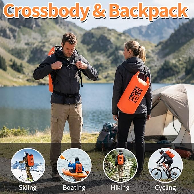 Waterproof Dry Bag 20L Water Proof Backpack Roll Top Closure Dry Bag Orange Heavy Duty Floating Pouch for Kayaking Boating Durable Hiking Backpack with IPX8 Waterproof Phone Case-Black 7