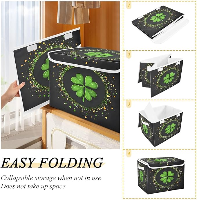 Doodle St. Patrick's Day Shamrock Pattern Foldable Storage Baskets Fabric Boxes with Handle Organizers with Flip-Top Lids Storage Bins for Home Bedroom Office