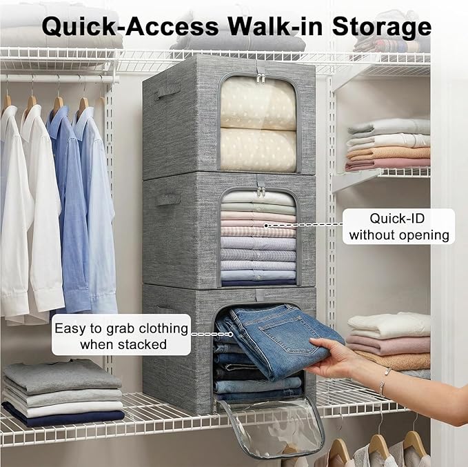 GoMaihe Clothes Storage Bin with Metal Frame: 6-Pack Stackable Closet Storage Bin with Lid &amp Clear Window Sweater Boxes Storage for Closet Bedding Clothing Storage Organizer 40L