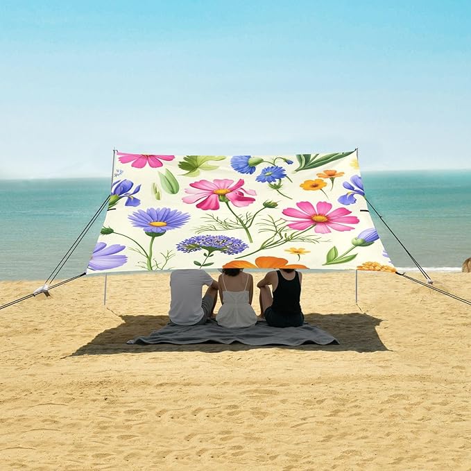 Beach Canopy with Windproof Ropes &amp Sandbags Beach Tent Sun Shade Sun Shelter for Camping Trips Fishing Backyard Fun or Picnics Flowers
