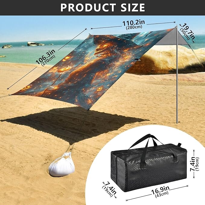 ALAZA Halloween Witch Pumpkin Beach Tent Sun Shelter UPF50+ Protection Beach Shade Canopy w/ 4 Sandbags for Outdoor Camping Fishing Backyard Fun Picnic 10x9 ft