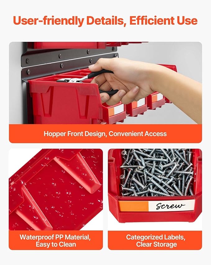 Wall Mounted Tool Organizer 12 Bins &amp 3 Rails - Hardware Storage for Garage Workshop Craft Room - Red Stackable Parts Bins