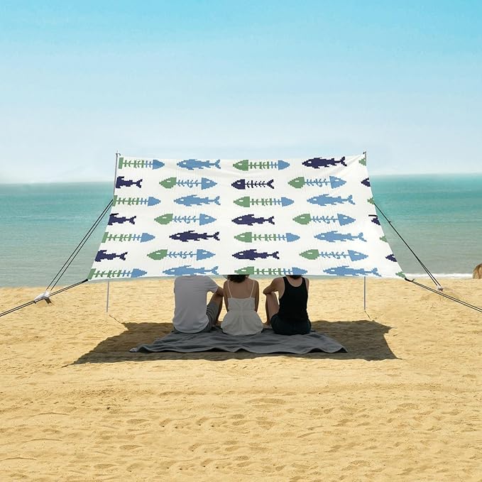 xigua Fish Beach Tent Sun Shelter with Carrying Bag - Silver Coated Oxford Fabric Beach Canopy for Beach Camping Fishing - Includes Windproof Ropes Sandbags &amp Stakes