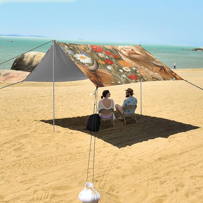 ALAZA Highland Cattle Colorful Flower Pattern Beach Tent Sun Shelter Portable Canopy Sunshade for Outdoor Camping Picnics Backyard Fun 10x9 ft