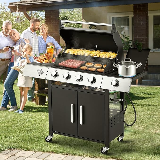 MELLCOM Upgraded 44000 BTU Stainless Steel Burner Barbecue Grill 4 Burner BBQ Propane Gas Grill with Side Stove &amp Cast Iron Grates for Patio Camping Outdoor Cooking