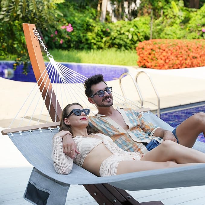 Lazy Daze Hammocks 11 FT Double Outside Hammock Quick Dry Olefin Fabric Hammock with Spreader Bar &amp Side Pocket for Outdoor Poolside Backyard 450 lbs Capacity Grey