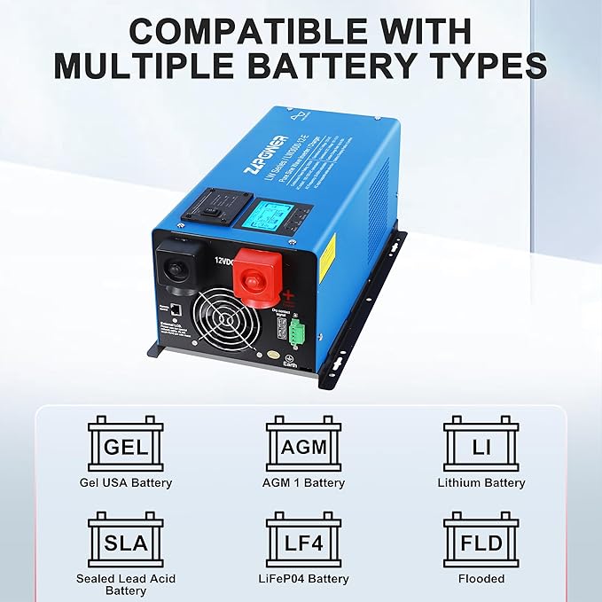 ZLPOWER 3000W 12V Pure Sine Wave Inverter 9000W Surge Single Phase 120V AC Output Off-Grid Low Frequency Inverter with LCD Display &amp Battery Charger for Home RV (LW-3000W-12V-SINGLE)