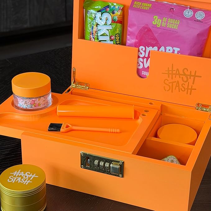 HASHSTASH The OG Storage Box - Large Bamboo Box with Combination Lock Magnetic Lid Organizer Tray Airtight Tube and 3 Jars - Discreet Decorative Locking Wooden Box with Accessories (Neon Orange)
