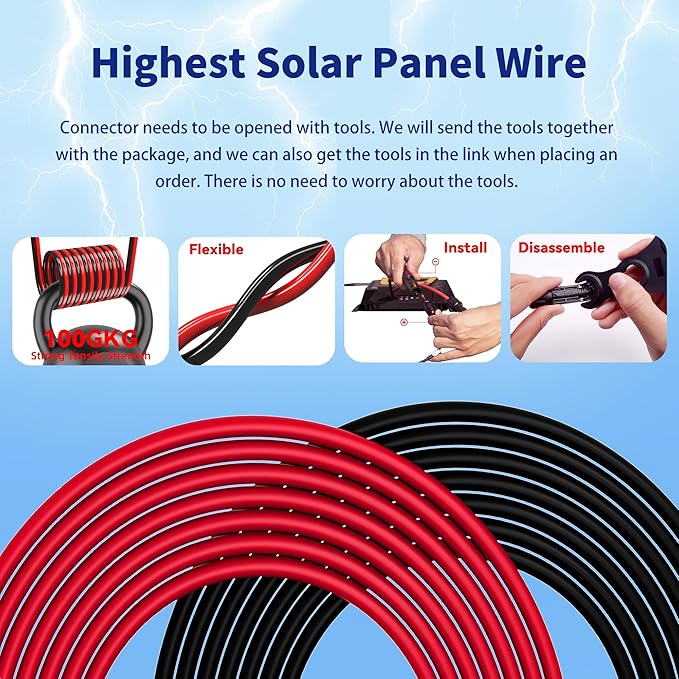 Solar Extension Cable 10 Gauge Solar Panels Wire 50Ft 10AWG (6mm²) PV Wire SJZSUNRUN Tinned Copper Wire with 2 Pairs Solar Connectors for Outdoor Automotive Marine (50Ft Black&amp 50Ft Red)