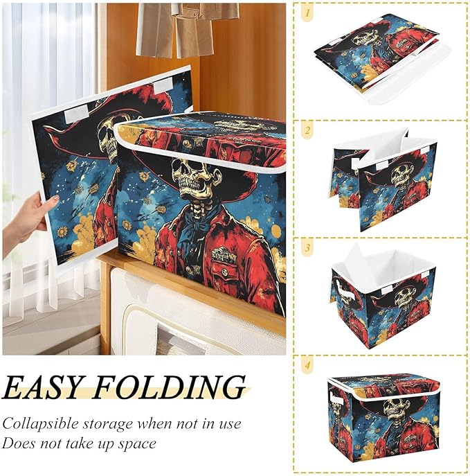 AIXIWAWA Lidded Storage Cube (Anime Skull Cowboy) Fabric Foldable Closet Bins with Flip Lid and Handles Organizer Basket Container 16.5 x 12.6 x 11.8 IN