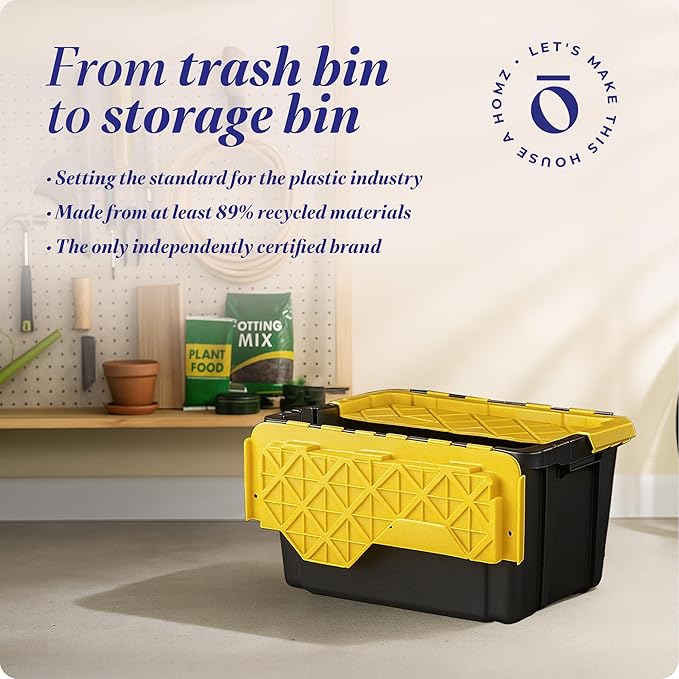 HOMZ 6-Pack Durabilt Tote Heavy Duty Plastic Storage Bins with Lids 15 Gallon Black/Yellow - Stackable Organizing Containers for Home Garage and Office