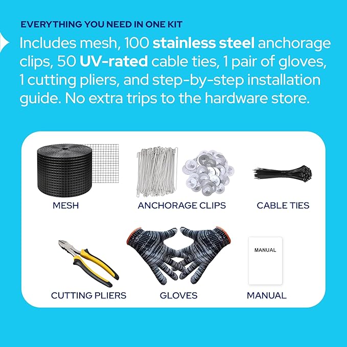 KASTLITE Solar Panel Bird Guard Mesh Kit - 6in x 100ft PVC Coated Galvanized Wire Screen 100 Stainless Clips Pliers &amp Gloves - No Drill Critter Shield Rodent Barrier Fence for Under Panels Bla