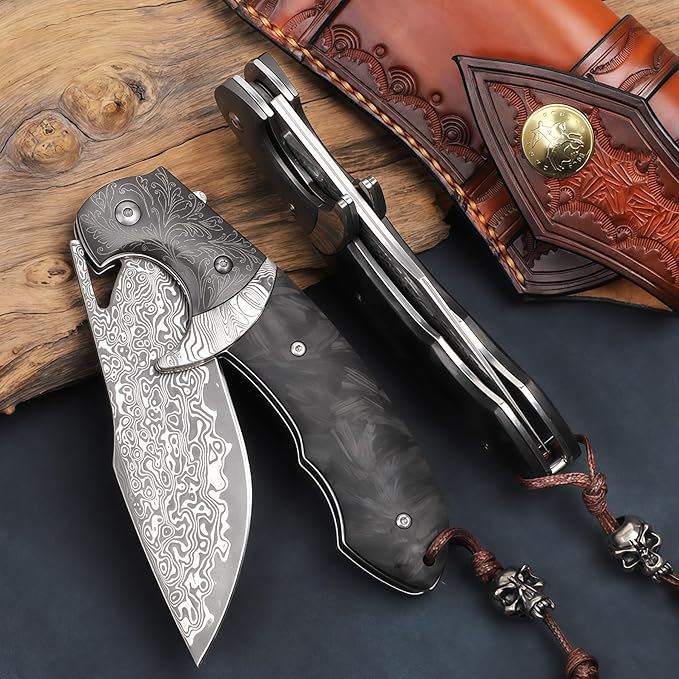Knives Outdoor Gear Knives 67-Layer Damascus Steel Folding Knife HRC 60 Hand-Carved Vegetable-Tanned Leather Sheath Carbon Fiber Handle Folding Knife Gift Ideas for Men
