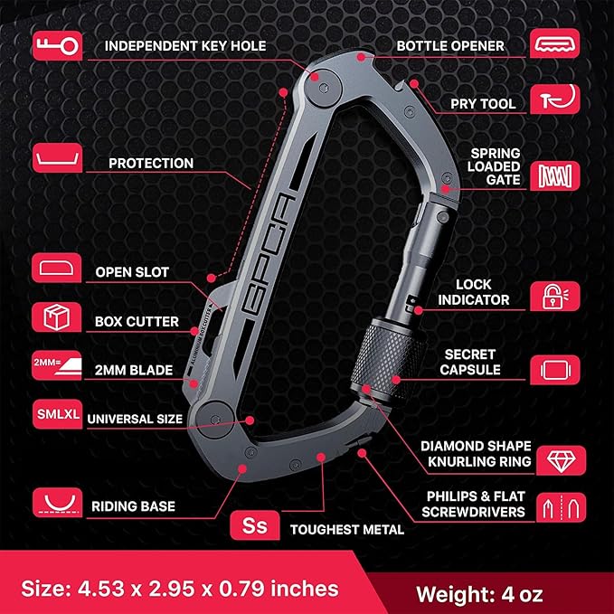 GPCA Carabiner Multitool - Carabiner Heavy Duty Key Clip for Keys Bottle Opener Screwdriver Box Cutter Ruler Keychain Clip Keychain Organizer EDC Gear for Camping &amp Hiking - Gifts for Men