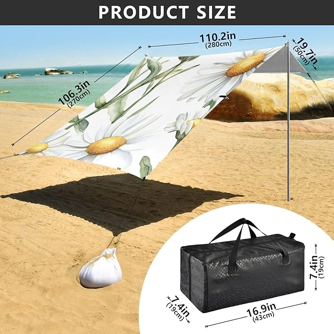 ALAZA Wildflowers White Daisies Flower Plant Flowers Beach Tent Sun Shelter Portable Canopy Sunshade for Outdoor Camping Picnics Backyard Fun 10x9 ft
