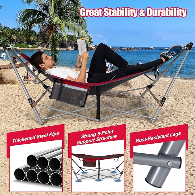 Portable Folding Hammock w/Side Pocket Lounge Camping Bed w/Metal Stand &amp Anti-tip Buckles Outdoor Camping Hammock with Carrying Bag for Patio Garden Yard Easy Assembly (Red)
