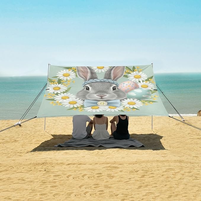 Beach Canopy with Windproof Ropes &amp Sandbags Beach Tent Sun Shade Sun Shelter for Camping Trips Fishing Backyard Fun or Picnics Easter Bunny