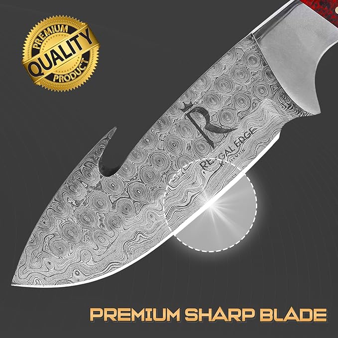 10 Damascus Hunting Knife with Gut Hook Fixed Blade Knife with Sheath American Flag Handle Full Tang Fixed Blade Knife Tactical Survival Knife for Men Damascus Steel Knives Camping Outdoor Field