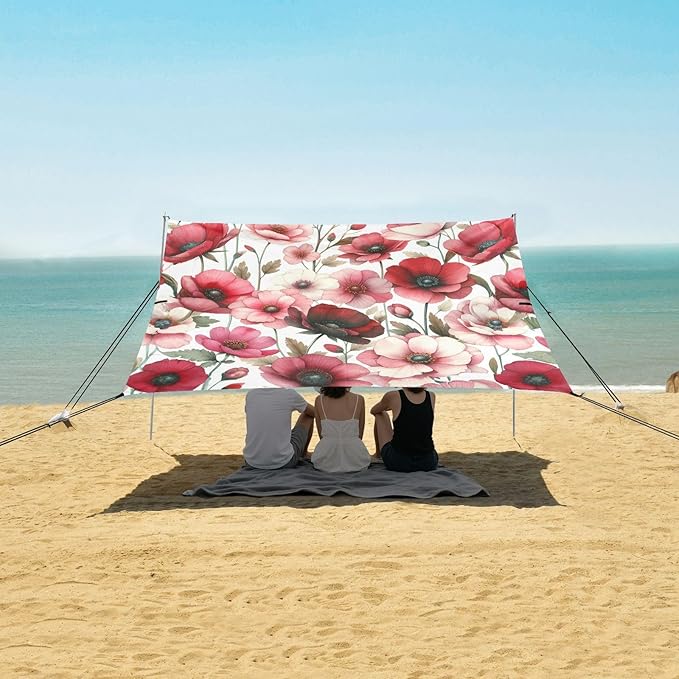 Red Pink Flowers Beach Tent Sun Shelter Set UPF50+ UV Protection 10.5 x 9.19 FT Camping Shade Canopy with Sandbags Sand Anchors Carrying Bag and Others