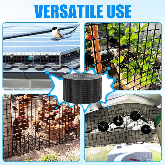 8in X 100ft Solar Panel Bird Guard - 1/2 Black PVC Mesh Galvanized Rust-Resistant Net Critter Guard for Solar Panels with 70 Fastener Clips Gloves Cutting Pliers