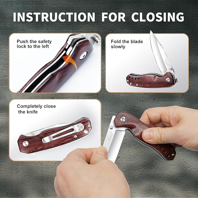 Vickay Pocket Knife for Men Folding Knife for Women with Clip 2.9inch 8Cr13MoV Steel Blade Wood Handle EDC Knife for Camping Tactical Hunting Camping Hiking and Everyday Carry