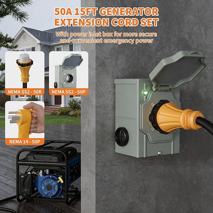 Garvee 50 Amp 15FT Generator Cord and Power Inlet Box Kit NEMA 14-50P Male to SS2-50R STW 6/3+8/1 AWG 125/250V Twist Lock Connector with Pre-Drilled NEMA SS2-50P Inlet Box for House ETL Listed