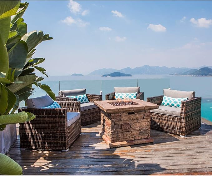COSIEST 5-Piece Faux Brown Propane Fire Pit Outdoor Furniture Brown Chairs Warm Gray Wicker Thick Cushion Sofa w 32-inch Square Propane Fire Table (50000 BTU) for Garden Pool Backyard