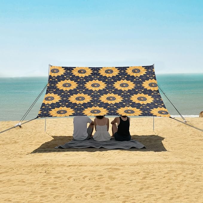 ALAZA Sunflower Polka Dots Beach Tent Sun Shelter UPF50+ Protection Beach Shade Canopy w/ 4 Sandbags for Outdoor Camping Fishing Backyard Fun Picnic 10x9 ft