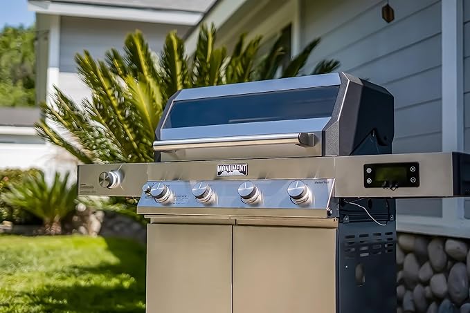 Monument Grills 4+1 Liquid Propane Gas Smart BBQ Grill 4 Burners &amp 1 Side Burner Denali 405 Stainless Steel with Smart technology Knob Controls Outdoor Use