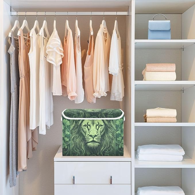 Storage Cube with Lid Green Leaves Lion Print 16.5×12.6×11.8 IN Collapsible Large Capacity Foldable Storage Basket Bin Organizer
