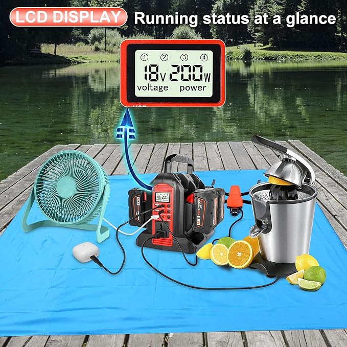 DC 18V to AC 120V Power Inverter Compatible with Milwaukee M18 18V Battery 350W Pure Sine Wave Portable Power Inverter Converter with LCD Display and LED Light 4 Battery Port
