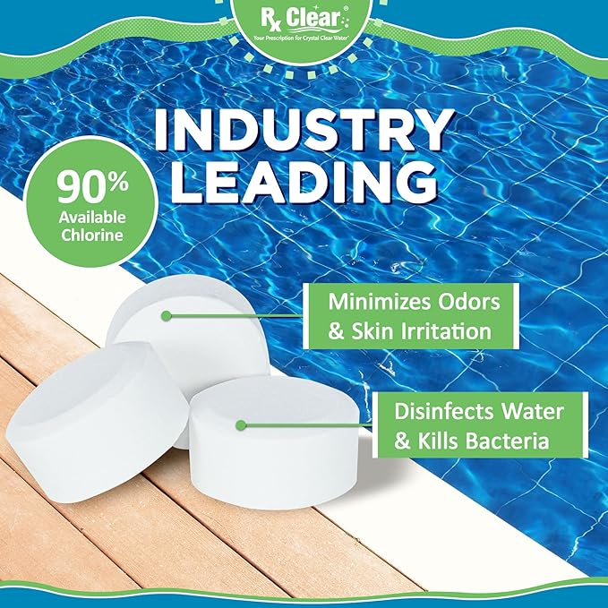 Rx Clear 1 Inch Chlorine Tabs | 50 Pounds | Use Tablets as Bactericide Algaecide &amp Disinfectant in Swimming Pools | Stabilized Long Lasting Slow Dissolving &amp UV Protected