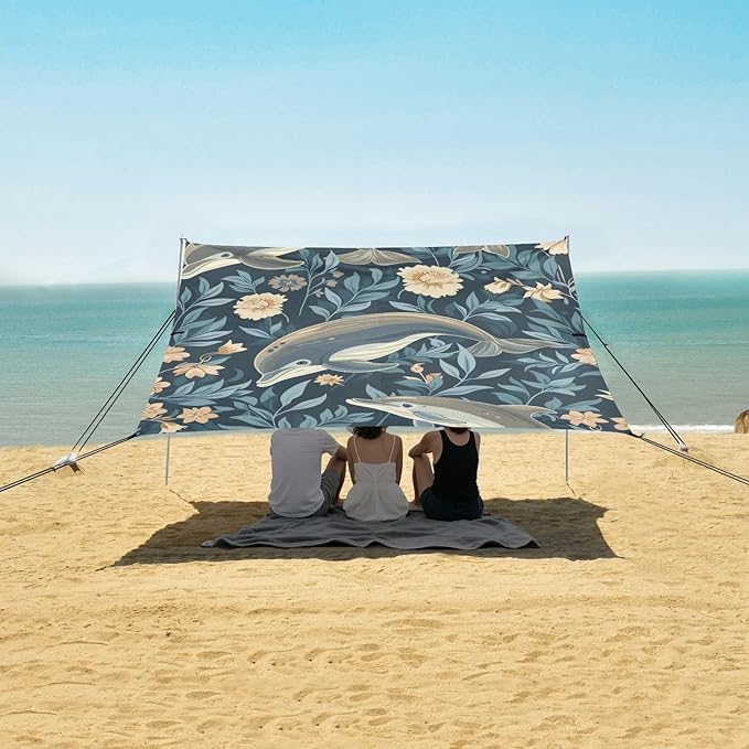 ALAZA Dolphin Floral Leaf Sea Beach Tent Sun Shelter Portable Canopy Sunshade for Outdoor Camping Picnics Backyard Fun 10x9 ft