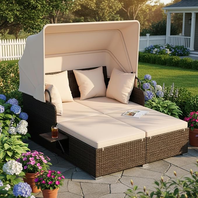 Tangkula Patio Rattan Daybed with Retractable Canopy Outdoor Wicker Sunbed with 2 Foldable Side Tables Thick Seat &amp Back Cushions Outside Double Daybed for Garden Backyard Porch Beige &amp