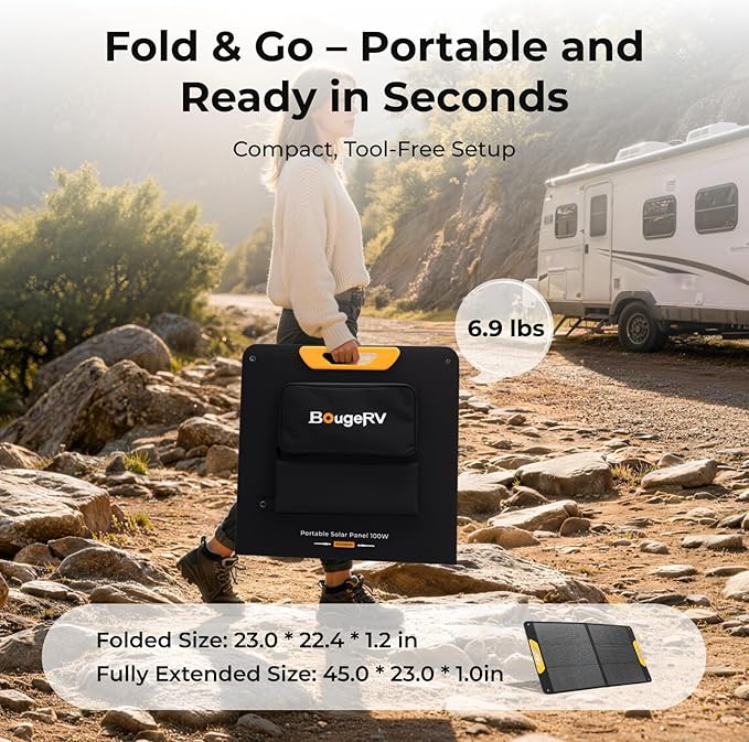 BougeRV 100W Portable Solar Panel Fiberglass Solar Charger Up to 25% Conversion Hight Efficiency N-Type Foldable Solar Panel IP65 Water Resistant for Camping RV Van Boat Hiking &amp Off-Grid