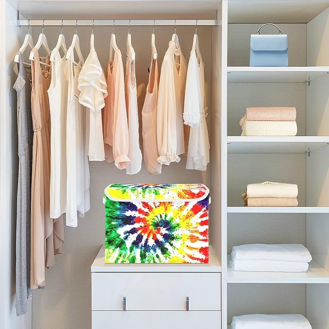 CaTaKu Large Fabric Storage Bins With LidsRainbow Tie Dye Storage Boxes With Handles for Organizing Clothes Collapsible Storage Cube Bins Baskets for Shelves