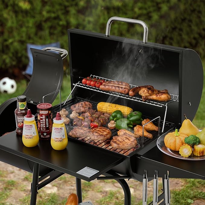 Barrel Charcoal Grill with Offset Smoker Side Shelf with Hooks Mesh Bottom Shelf Blow-Molded Wheels Outdoor Grilling and Backyard Cooking CC1624S Black
