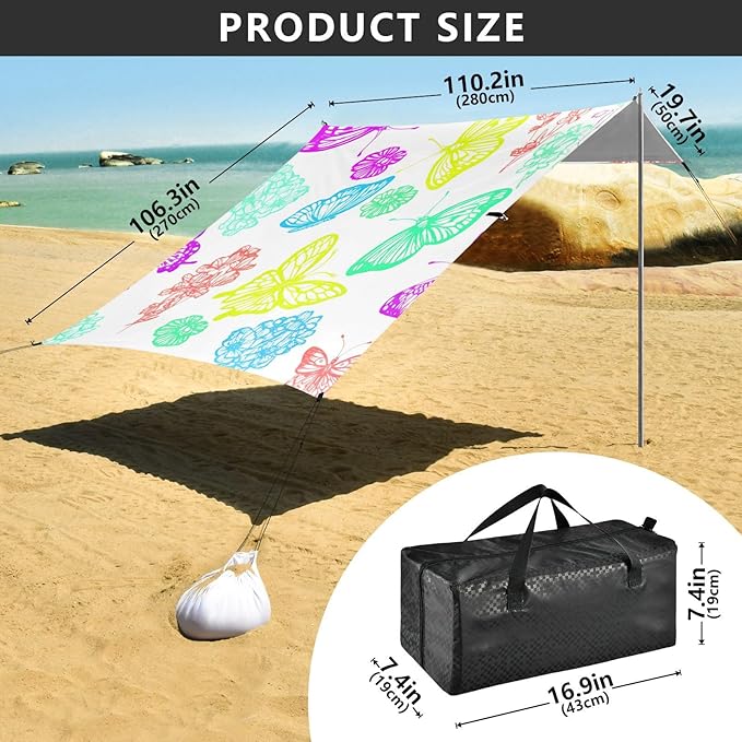 Beach Canopy with Windproof Ropes &amp Sandbags Beach Tent Sun Shade Sun Shelter for Camping Trips Fishing Backyard Fun or Picnics Butterflies