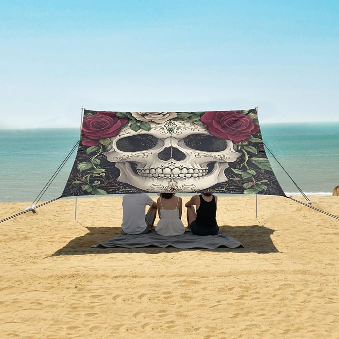 ALAZA Rose Flower Skull Beach Tent Sun Shelter Portable Canopy Sunshade for Outdoor Camping Picnics Backyard Fun 10x9 ft